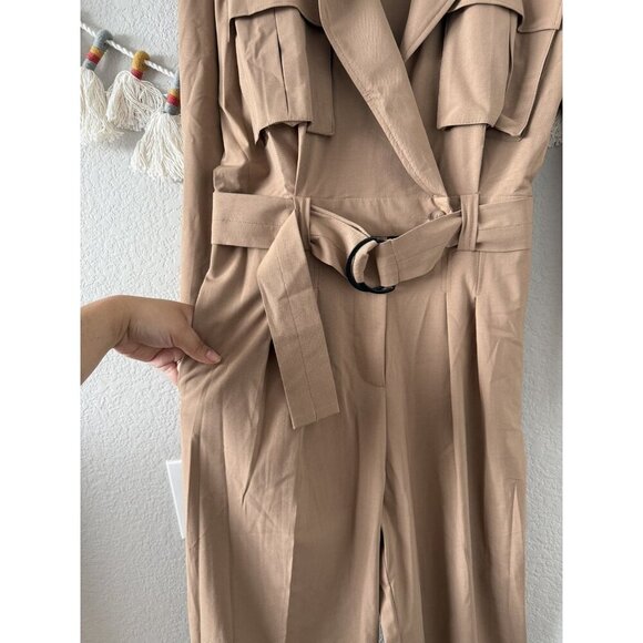Zara Long Utility V-Neck Jumpsuit Straight Leg Belted In Camel Contemporary M - Picture 12 of 13